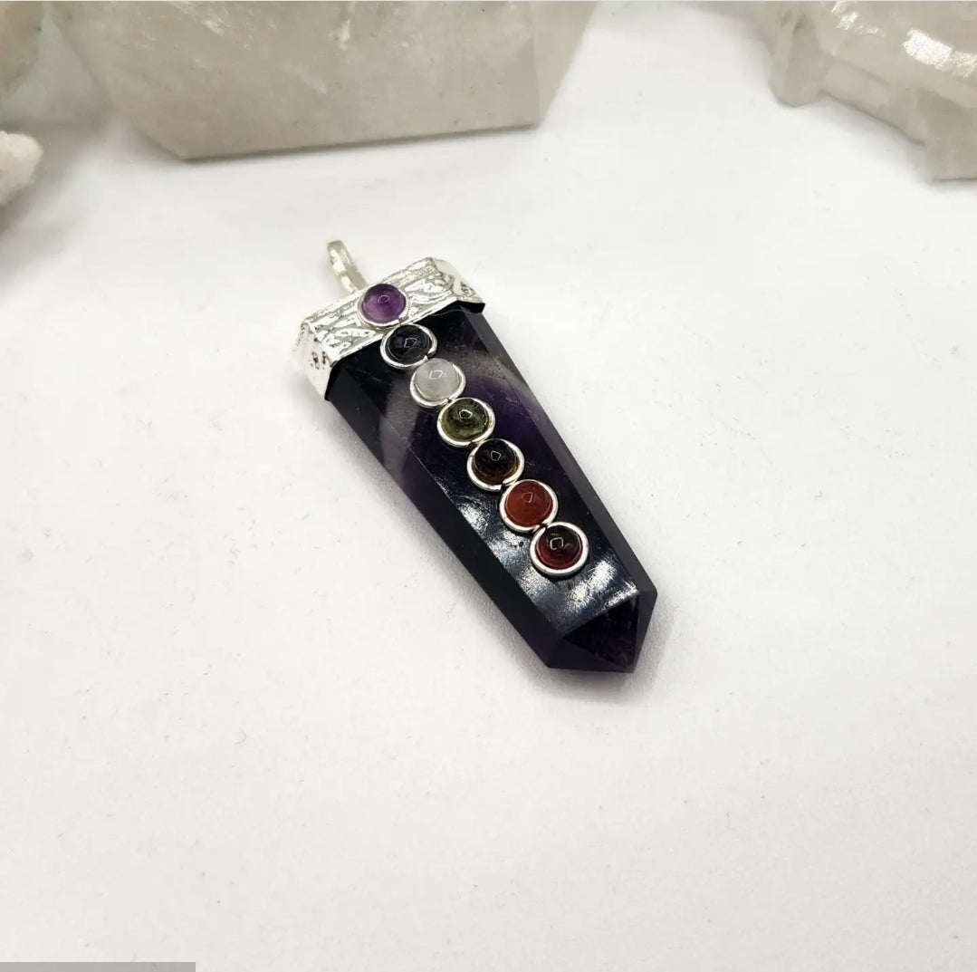 Amethyst Flat Gemstone Pendant with Chakra and Silver Color