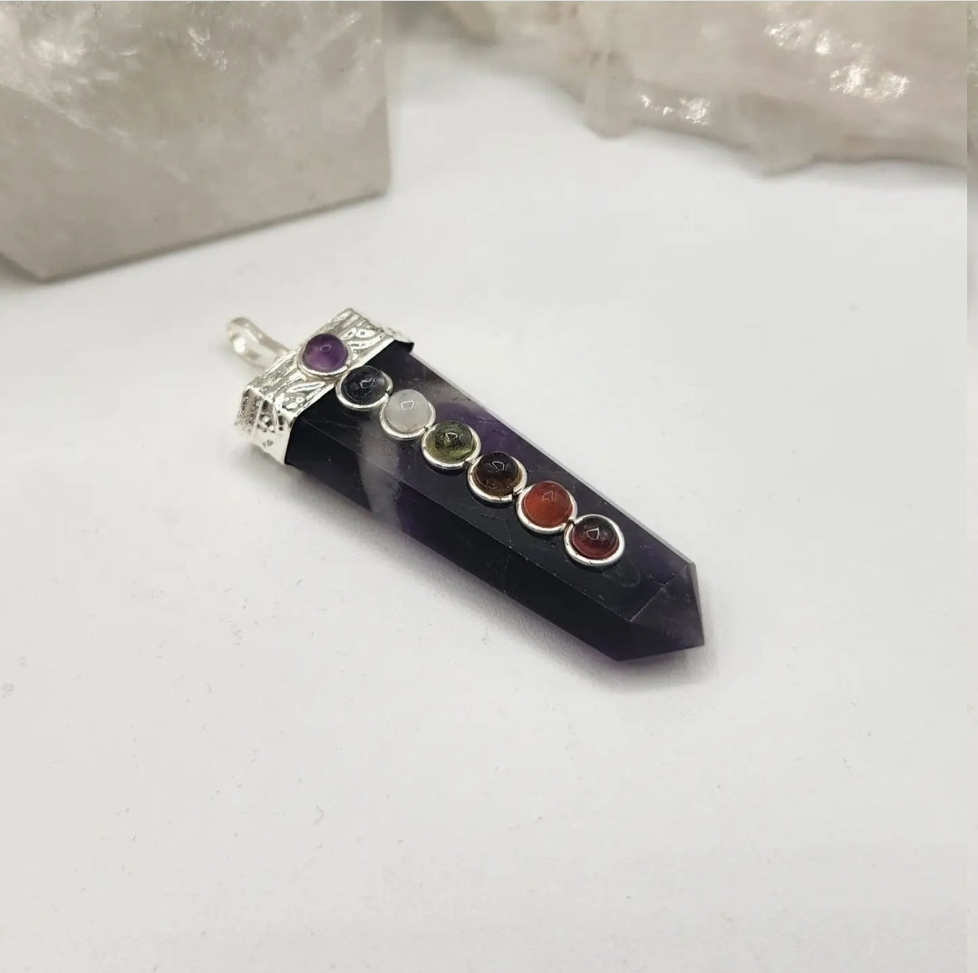 Amethyst Flat Gemstone Pendant with Chakra and Silver Color