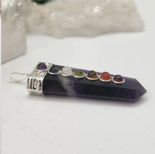 Amethyst Flat Gemstone Pendant with Chakra and Silver Color